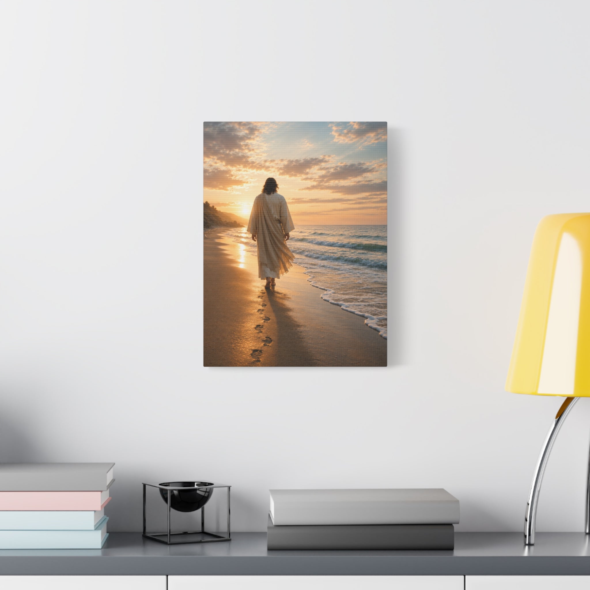 Footprints With Him — Jesus Beach Canvas Wall Art
