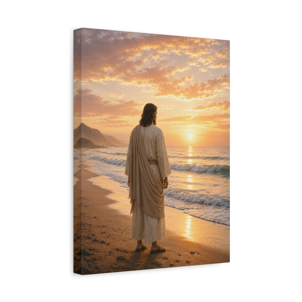 The Savior at Sunrise — Jesus Christ Beach Canvas Wall Art