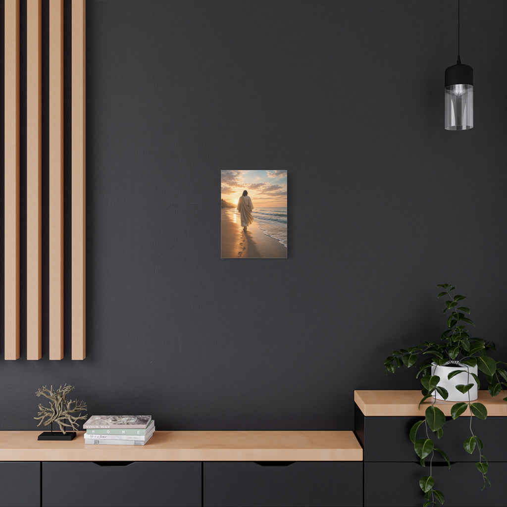 Footprints With Him — Jesus Beach Canvas Wall Art