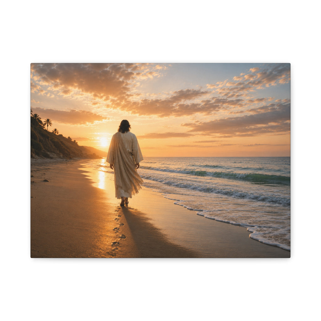 Footprints With Him — Jesus Beach Canvas Wall Art