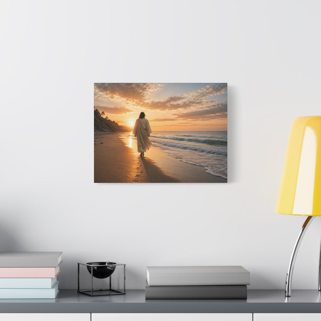 Footprints With Him — Jesus Beach Canvas Wall Art