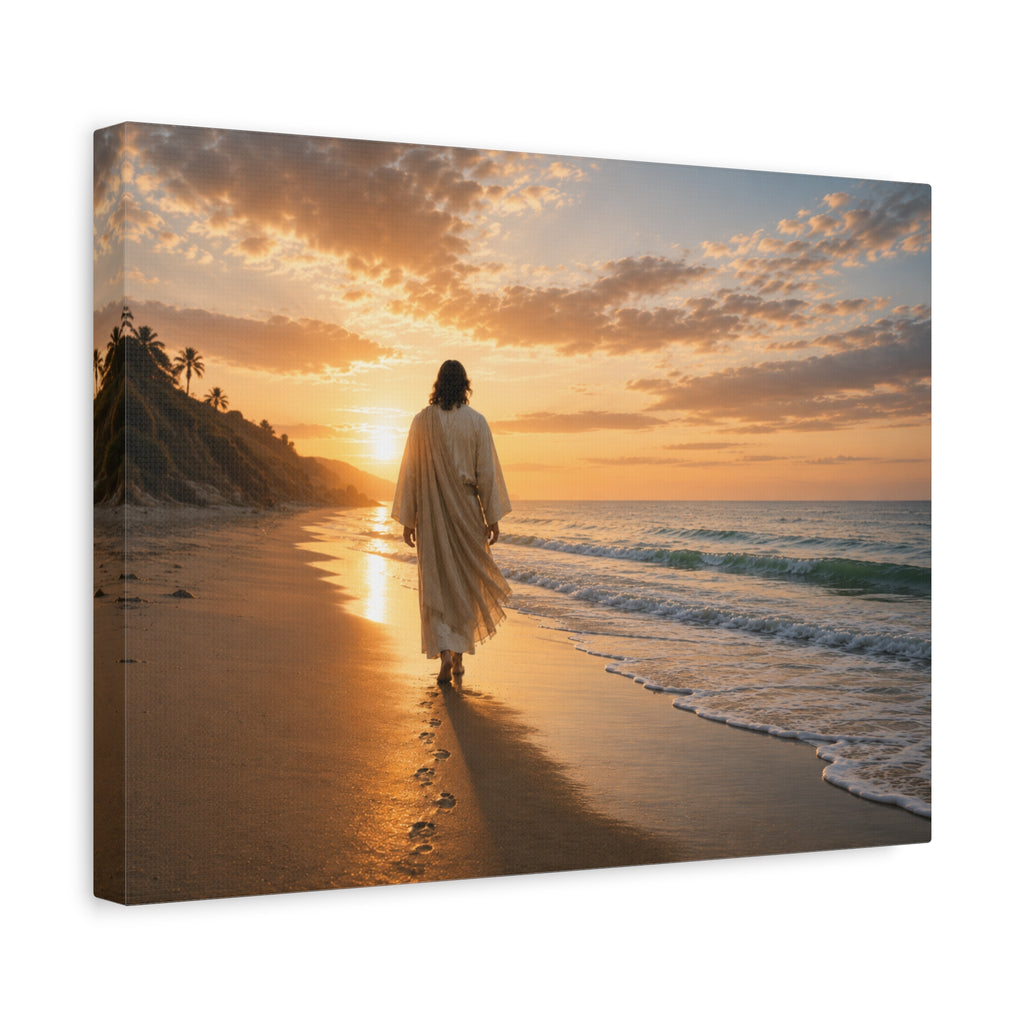 Footprints With Him — Jesus Beach Canvas Wall Art