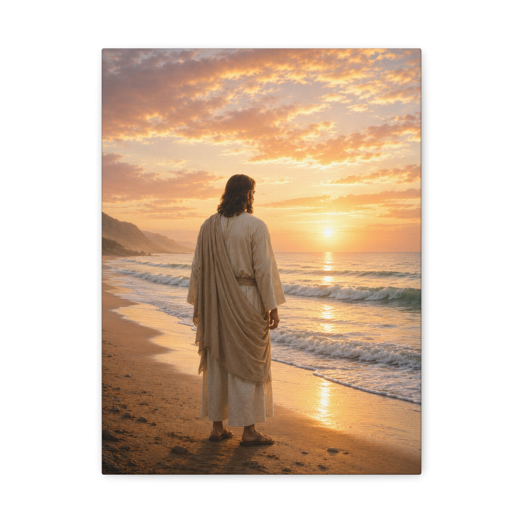 The Savior at Sunrise — Jesus Christ Beach Canvas Wall Art