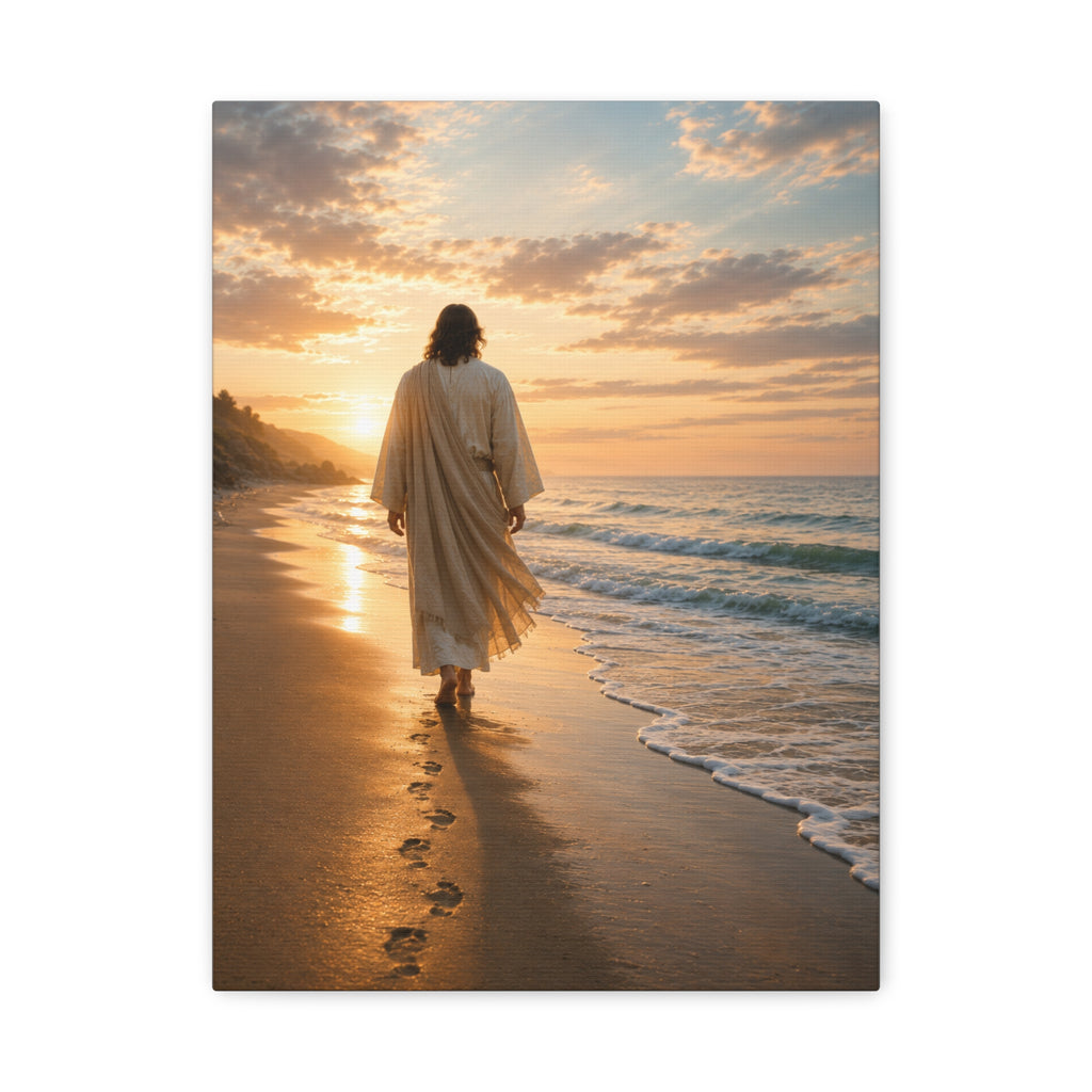 Footprints With Him — Jesus Beach Canvas Wall Art