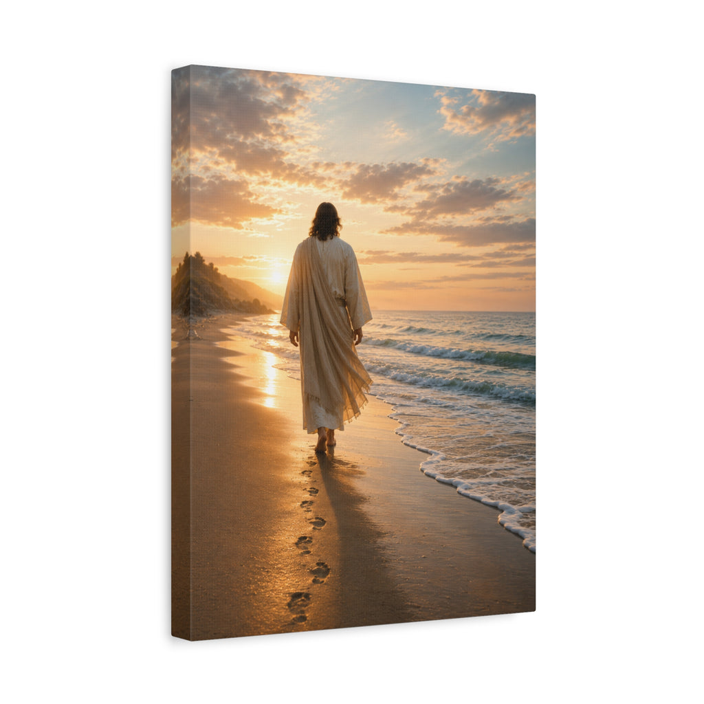 Footprints With Him — Jesus Beach Canvas Wall Art